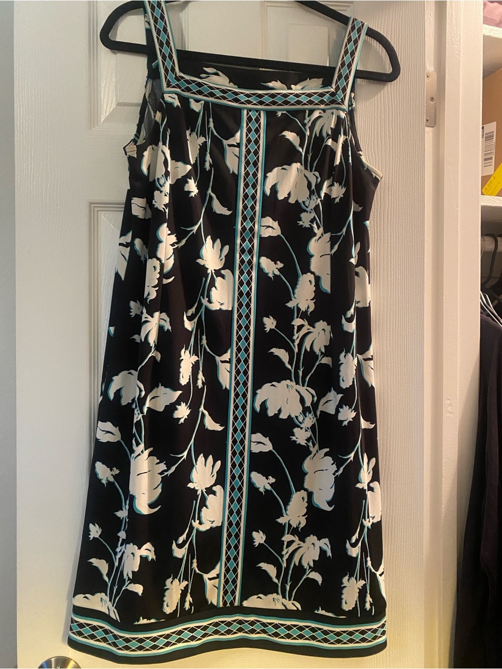 Black Floral Tank Dress with Teal Trim